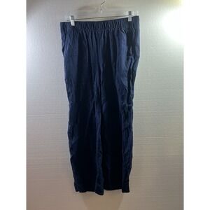 Tahari 100% Linen Wide-Leg Crop Pants Elastic Waist Navy Blue Size L